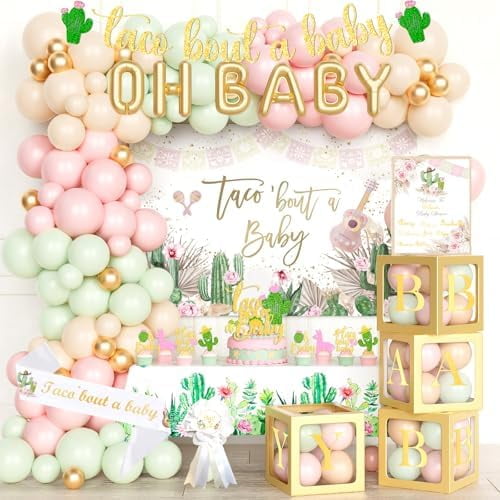 Taco Bout A Baby Decorations, Mexican Baby Shower Decorations, Pastel Fiesta Themed Backdrop Balloon Banner Boxes Poster Sash Pin for Taco Cactus Party Supplies$$Home Decor, Kitchen, & Other