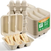 50Pcs Disposable Taco Holders  OasisSN 3 Compartments Biodegradable Taco Clamshell Containers, Bagasse Pulp Takeout Food Holders for Tacos, Hot Dogs, Sandwiches, Outdoor Lunch and Party Serving