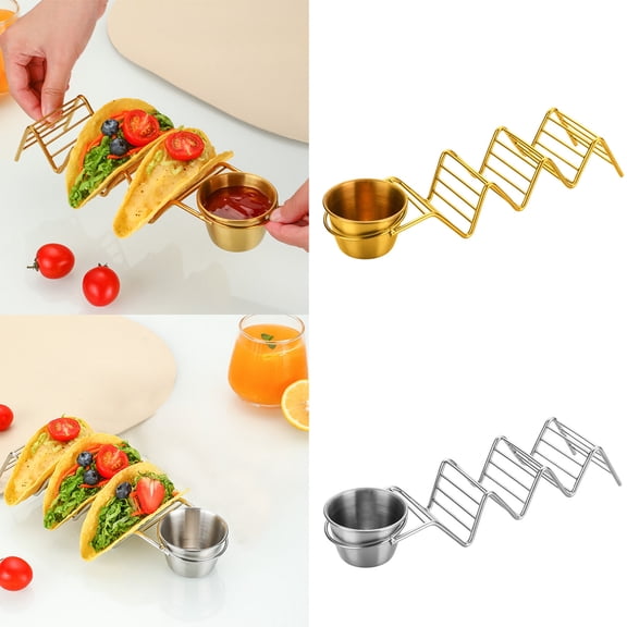 Taco Holder Sauce Cup Rack, Stainless Steel Tortilla and Dip Bowl Organizer for Latin Hispanic Pancakes and Flatbreads, Gold Kitchen Serving Tray, Topliu