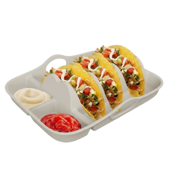 Taco Holder Silicone Plate, Divided Serving Tray for Shells and Toppings, Taco Tuesday Dinnerware Beige