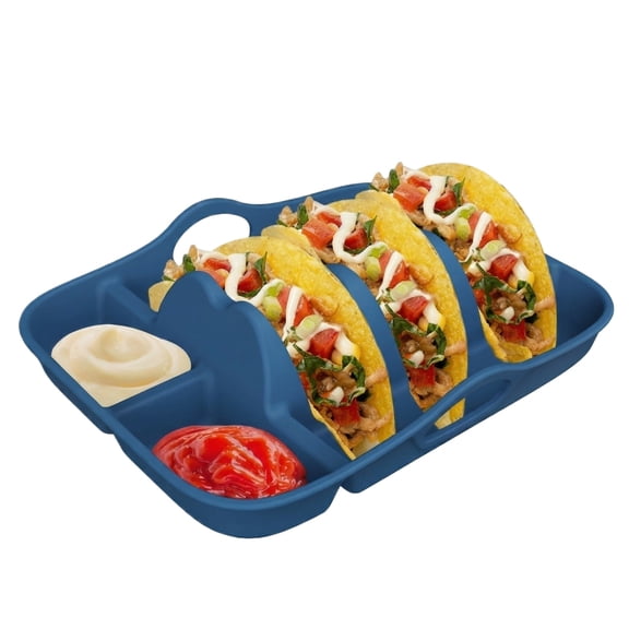 Taco Holder Silicone Plate, Divided Serving Tray for Shells and Toppings, Taco Tuesday Dinnerware Dark Blue