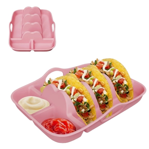 Taco Holder Silicone Plate, Divided Serving Tray for Shells and Toppings, Taco Tuesday Dinnerware Pink