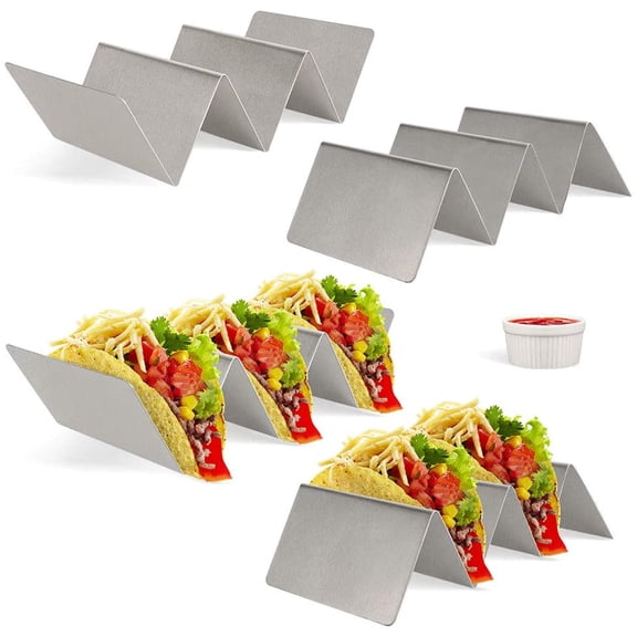 Taco Holder Stand, 4 pack Stainless Steel Taco Rack, Safe for Baking, Dishwasher and Grill Safe - Keep Your Delicious Tacos, with Sauce Cup