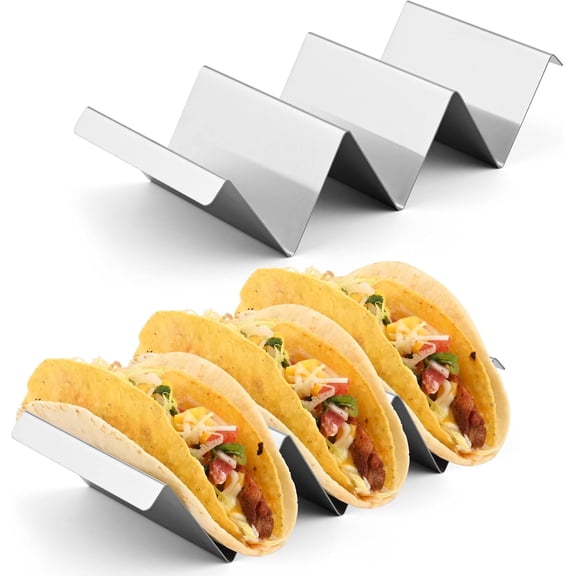 Taco Holders 2 Pack, Stainless Steel Taco Stand Rack Tray, Taco Shell Rack, Rack Holds Up to 3 Tacos Each Keeping Shells Upright, Oven Safe for Baking, Dishwasher and Grill Safe