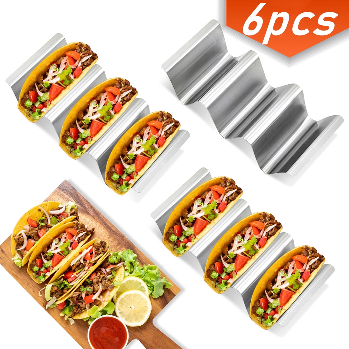 JIBOLAT Taco Holders set of 3,Stainless Steel Taco Shell Holder Stand,Taco  Tray Plates for Taco Bar Gifts Accessories,Holds 4 Tacos Each,Oven Safe for