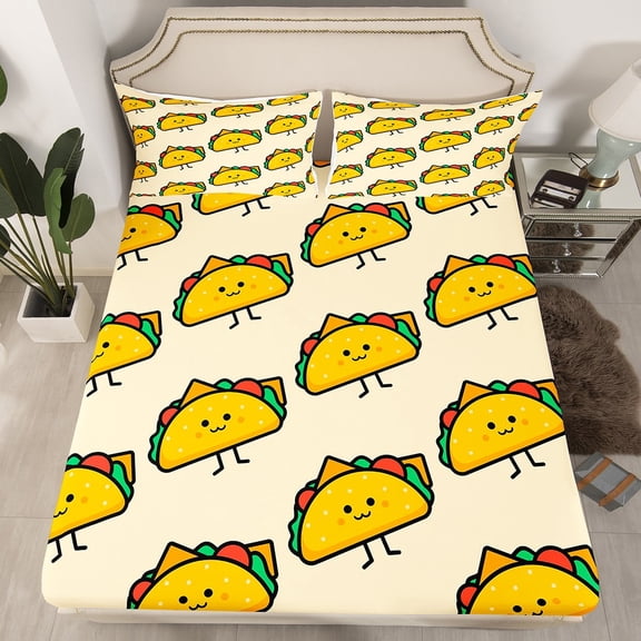 Taco Party Bedding Set Mexican Taco Fitted Sheet 3D Funny Realistic Food Bed Sheets Easter Gifts Kawaii Room Decor, Cartoon Style Cinco De Mayo Sheets for All Season Twin