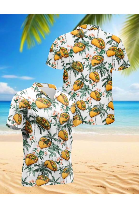 Taco Pattern Hawaiian Shirt for Men, Tropical Style, Button Down Summer Beach Short Sleeve, S-5XL
