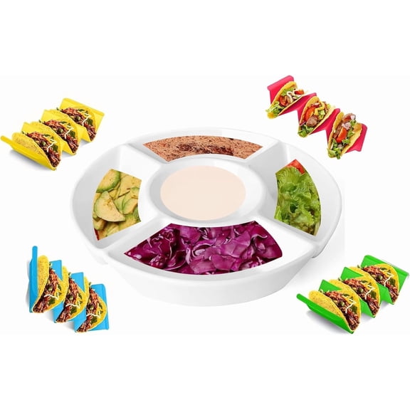 Taco Serving Platter - Divided Serving Tray for Taco Tuesday Lazy Susan Taco Bar - Chip and Dip Serving Set for Party - Appetizer Serving Tray for Salsa, Snacks with 4 Taco Holder Stands