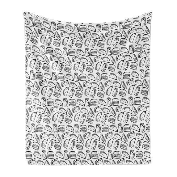 Taco Soft Flannel Fleece Throw Blanket, Burgers Mexican Rolls Sandwiches American and Mexican Fast Food Doodle Image, Cozy Plush for Indoor and Outdoor Use, 50" x 70", Black and White, by Ambesonne