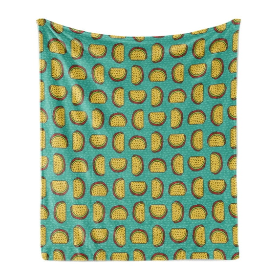 Taco Soft Flannel Fleece Throw Blanket, Mexican Dish with Tortilla Folded Veggie-Packed Yummy Doodle Taste Art, Cozy Plush for Indoor and Outdoor Use, 50" x 60", Mustard Turquoise Red, by Ambesonne