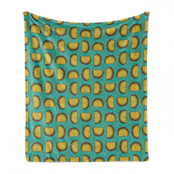 Taco Soft Flannel Fleece Throw Blanket, Mexican Dish with Tortilla Folded Veggie-Packed Yummy Doodle Taste Art, Cozy Plush for Indoor and Outdoor Use, 70" x 90", Mustard Turquoise Red, by Ambesonne