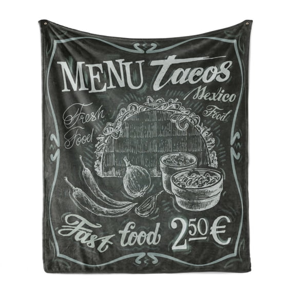 Taco Soft Flannel Fleece Throw Blanket, Vintage Style Mexican Fresh Food Logo Chili Corn Burrito Menu Design, Cozy Plush for Indoor and Outdoor Use, 50" x 70", Dark Blue Grey White, by Ambesonne