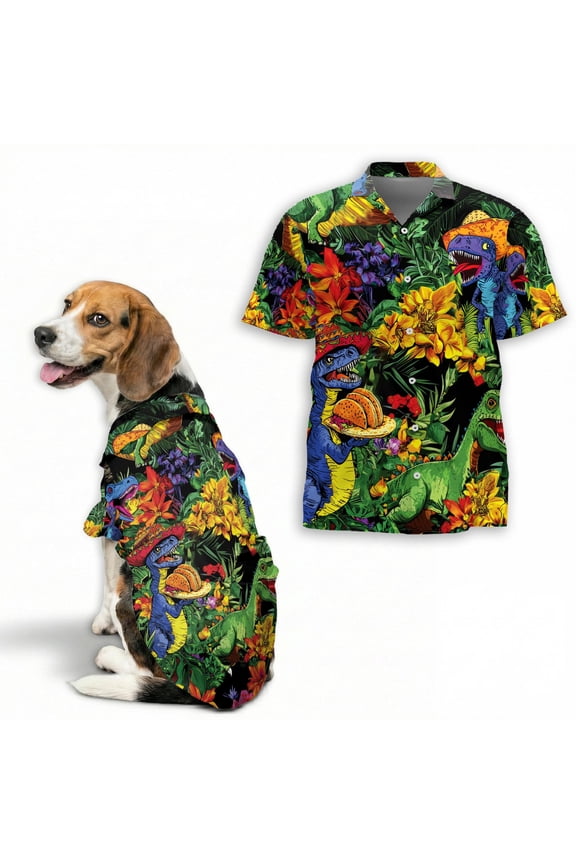 Taco T-Rex Hawaiian Shirt, Dinosaur Taco Button Down Shirt for Adults or Dogs, Cuban Collar, Short Sleeve Polyester Summer Shirt