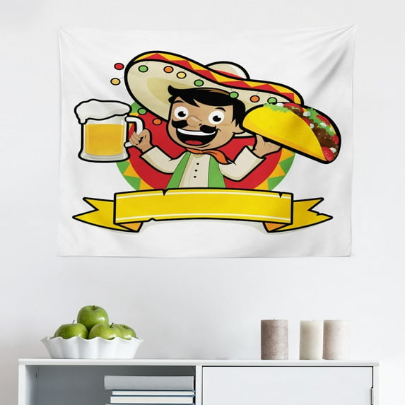 Taco Tapestry, Vintage Style Mexican Fresh Food Logo Chili Corn Burrito Menu Design, Fabric Wall Hanging Decor for Bedroom Living Room Dorm, 2 Sizes, Dark Blue Grey White, by Ambesonne