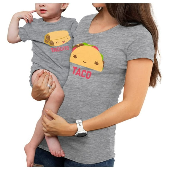 Taco & Taquito Baby Bodysuit & Women's T-Shirt Set Mommy & Me Matching Outfit Taco Gray Small / Taquito Gray 6M (3-6M)