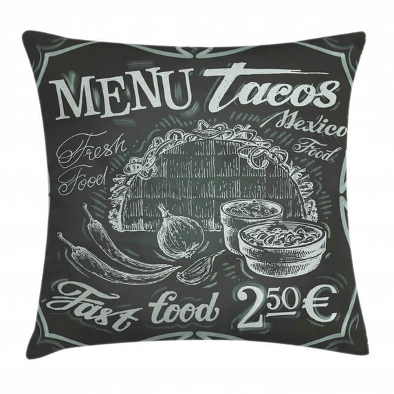 Taco Throw Pillow Cushion Cover, Vintage Style Mexican Fresh Food Sign with Chili Corn Burrito Menu Design, Decorative Square Accent Pillow Case, 20 X 20 Inches, Dark Blue Grey White, by Ambesonne