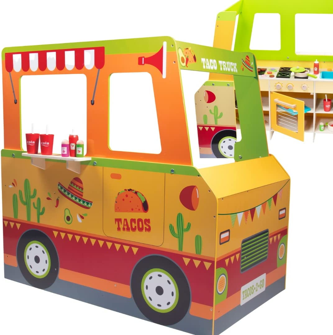 Taco Truck Wooden Playset, 30 Toy Pieces Including Cook Top, Steering