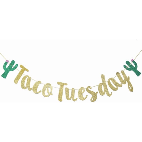Taco Tuesday Banner Sign Garland for Mexican Birthday Party Decorations Bunting Photo Props Backdrop (Gold Glitter)