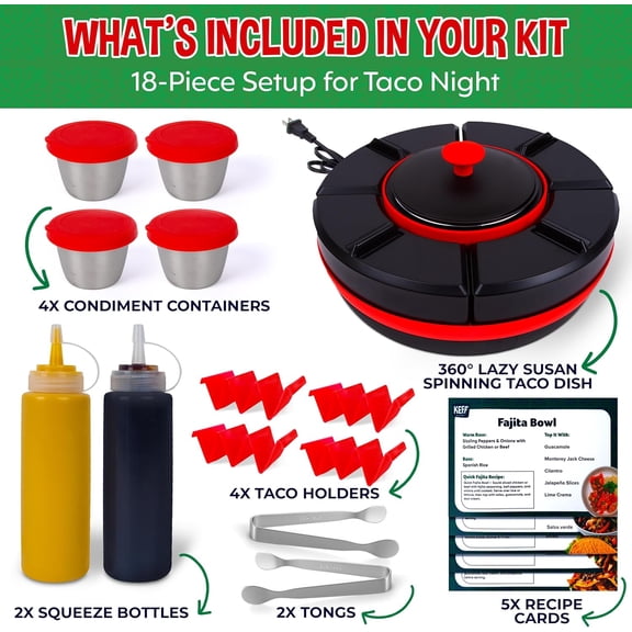 Taco Tuesday Kit - Taco Bar Serving Set for a Party, Lazy Susan Serving Dish 6 Sections, 4 Tacos Holder, Condiment Containers, Squeeze Bottles, Tongs, Recipes & Instructions - Tailgate Essentials