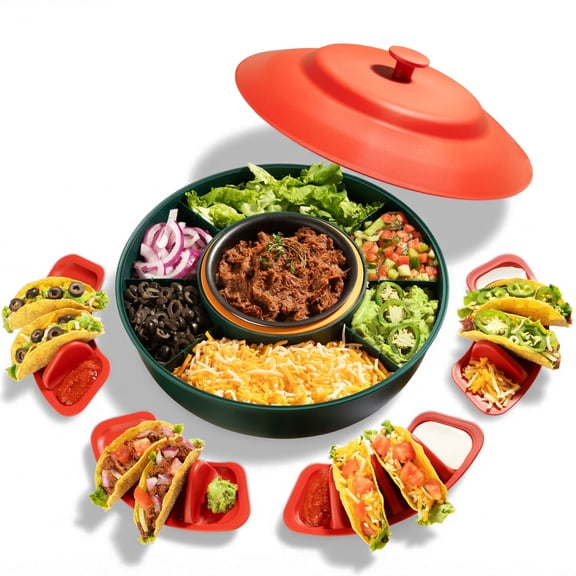 Taco Tuesday Kit - Taco Bar Serving Set for a Party with 4 Taco Holders, 30-oz Heated Pot