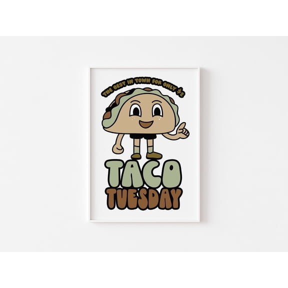 Taco Tuesday Retro Character Print - Fun Kitchen Print, Retro Mascot Cartoon, Fun 60s 70s Retro Art, Kitchen Decor,Painting Art, Dining Room Wall Decor Ideas, Art Deco Frameless 8x10inch