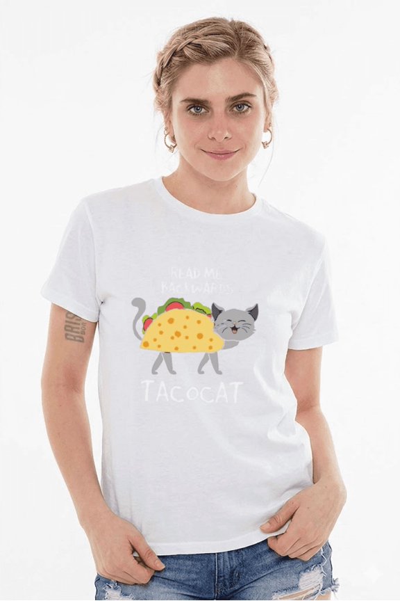 Tacocat Shirt Read Me Backwards Funny Cat Taco Palindrome Feline Humor Tee,for unisex up to 5XL