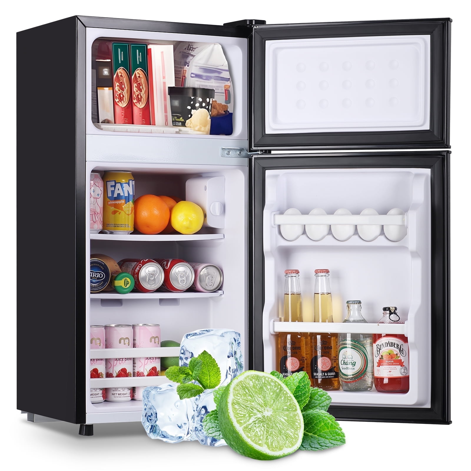 Compact Black Double Door Mini Fridge with Freezer