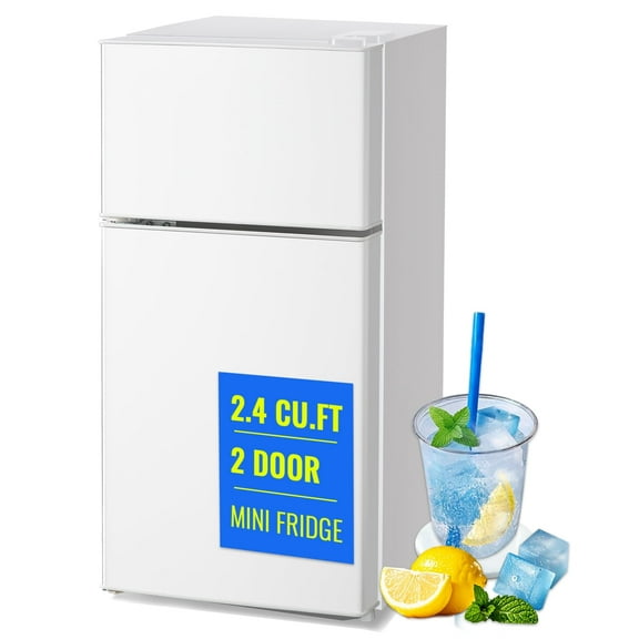 Tacool Apartment Size Mini Fridge Dual Door 2.4Cu.ft Dorm Small Refrigerator with Freezer, White, New