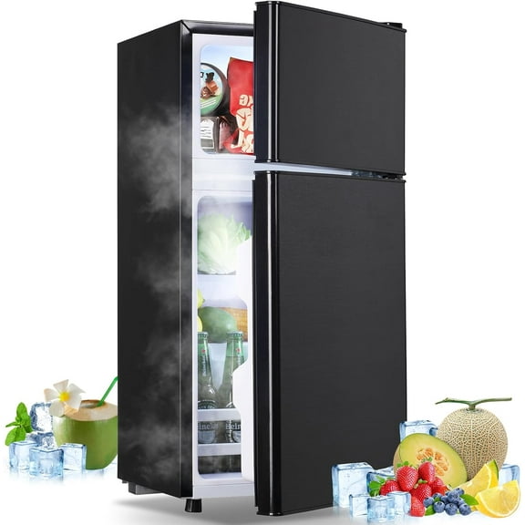 Tacool Small Mini Fridge with Top Freezer Compact Refrigerator Dual Door with Adjustable Thermostat Black for Home New