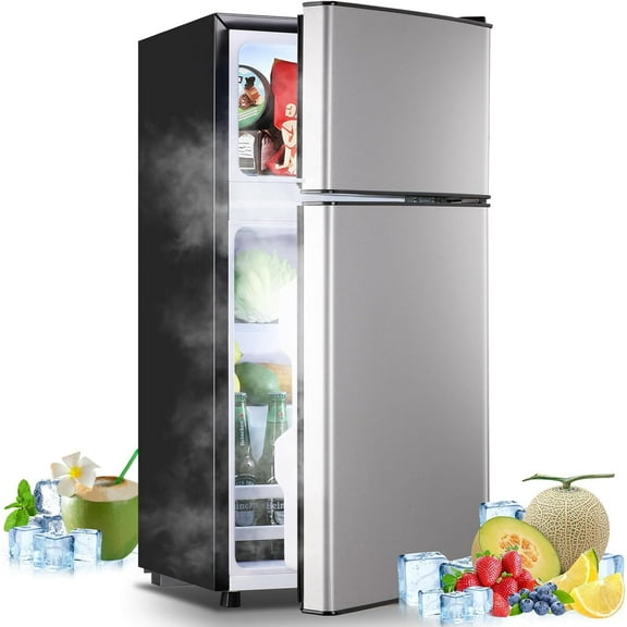 Tacool Small Mini Fridge with Top Freezer Compact Refrigerator Dual Door with Adjustable Thermostat Silver for Home New