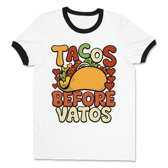 Tacos Before Vatos Ringer Tee Shirt Unisex X-Large White/Black