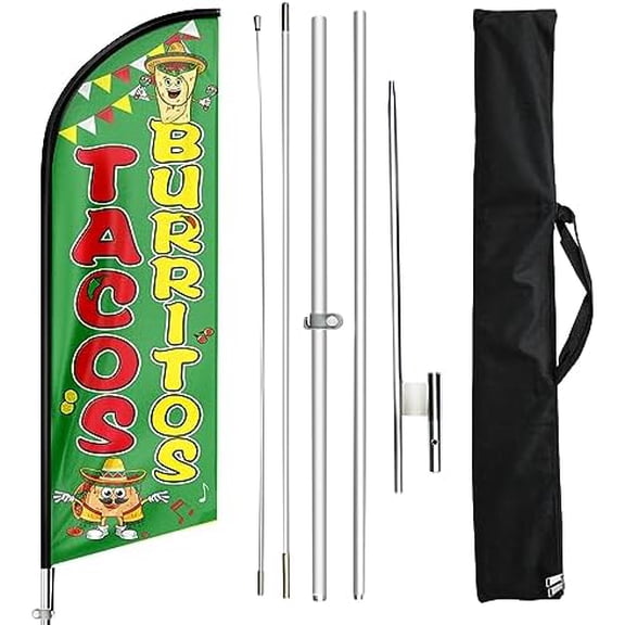 Tacos Burritos Feather Flag with Pole and Ground Stake, 11FT Swooper Advertising Banner Sign for Mexican Food Stands, Restaurant Food Truck$$Other