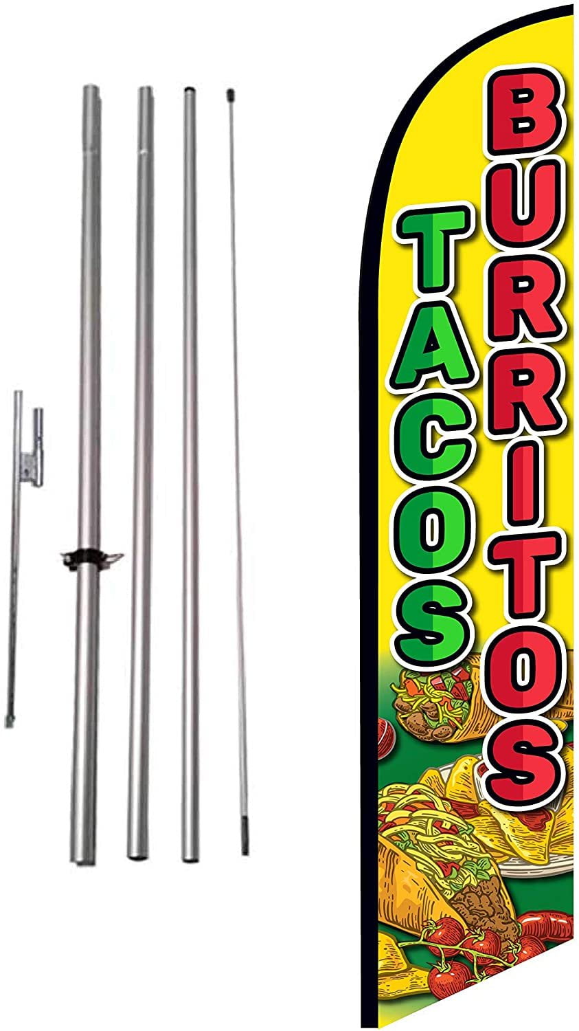 Tacos Burritos Mexican Restaurant Advertising Feather Banner Swooper Flag Sign with Flag Pole Kit and Ground Stake, Red Yellow Theme