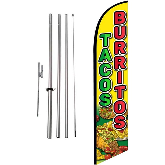 Tacos Burritos Mexican Restaurant Advertising Feather Banner Swooper Flag Sign with Flag Pole Kit and Ground Stake, Red Yellow Theme