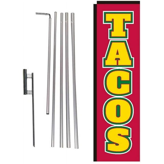 Tacos Mexican Food Rectangle Feather Banner Flag with Pole Kit and Ground Spike for Restaurants, Markets, Business Owners