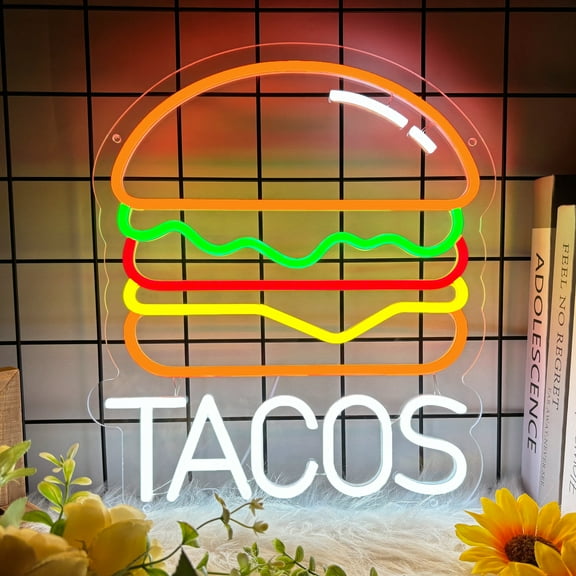 Tacos Neon Sign for Wall Decor, Hamburger Led Signs, Dimmable Neon Light Sign for Restaurant, Snacks, Living Room, Bar Decoration, USB Powered Light Up Signs for Kitchen