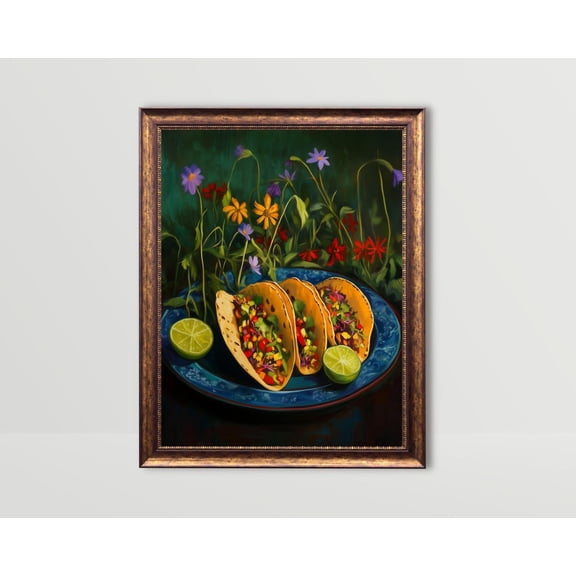 Tacos, Whimsical Mexican Food Wall Art, Moody Kitchen Poster, Fun Snack Posters, Taco Dark Green Still Life, Foodie, Unframed Poster Size 8x12