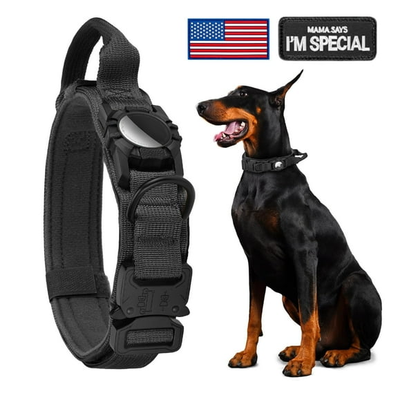 WAAYEE Tactical AirTag Dog Collar - Heavy Duty, Adjustable Collar Compatible with AirTag, with Control Handle for Medium/Large Dogs(Airtag Not Included)