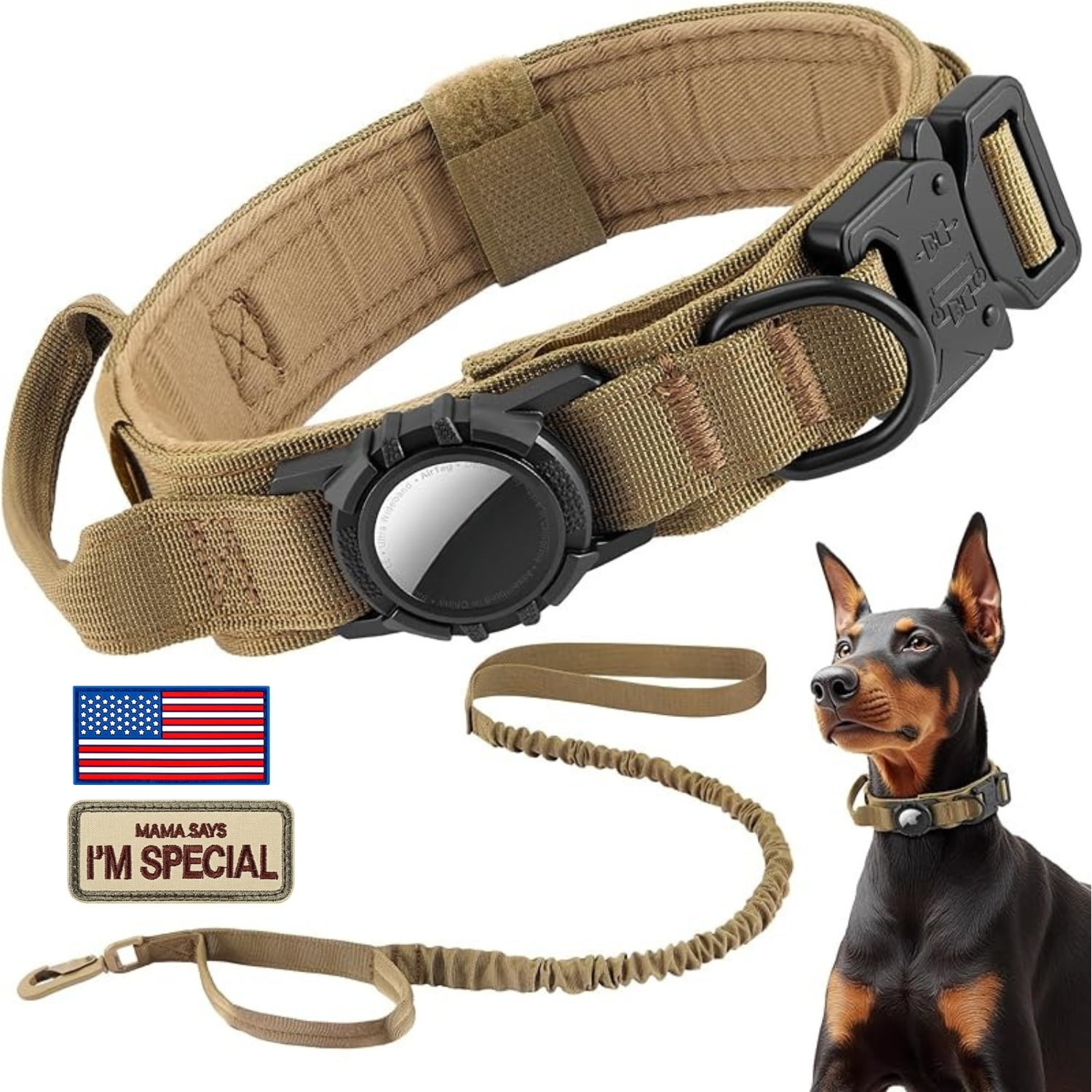 WAAYEE Tactical AirTag Dog Collar - Heavy Duty, Adjustable Collar Compatible with AirTag, with Control Handle for Medium/Large Dogs(Airtag Not Included)