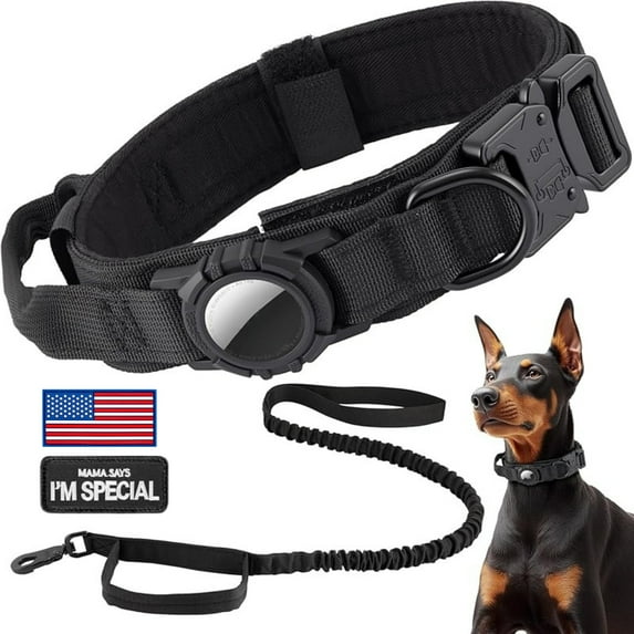 WAAYEE Tactical AirTag Dog Collar - Heavy Duty, Adjustable Collar Compatible with AirTag, with Control Handle for Medium/Large Dogs(Airtag Not Included)