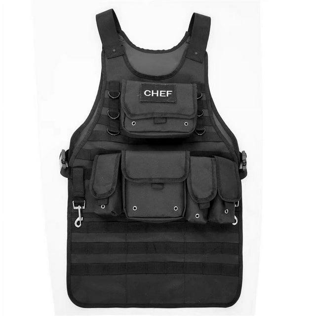 Tactical Apron for Outdoor Barbecue with 2 Large Pouches and 3 Smaller Pouches Removable Velcro Patch Adjustable Side Strap for the Perfect Fit