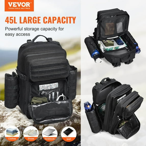 Tactical Backpack 45L Military Backpack with Molle Mode 3 Compartments,Military Tactical Backpack For Men Molle Daypack 3 Day Bug Out Bag Hiking Rucksack With Bottle Holder
