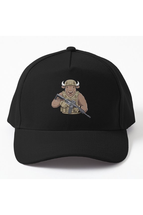 Tactical Bison Baseball Cap, Military Wildlife Character Graphic Design, Classic Hat