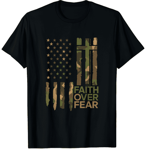 Tactical Camouflage American Flag Integrated Cross Faith Over Fear Unisex T-Shirt