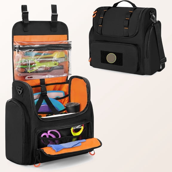 Tactical Camp Kitchen Organizer, Storage Bag with Paper Towel Holder & Multi Pockets, Hanging Cookware Caddy for Outdoor BBQ Cooking Essentials