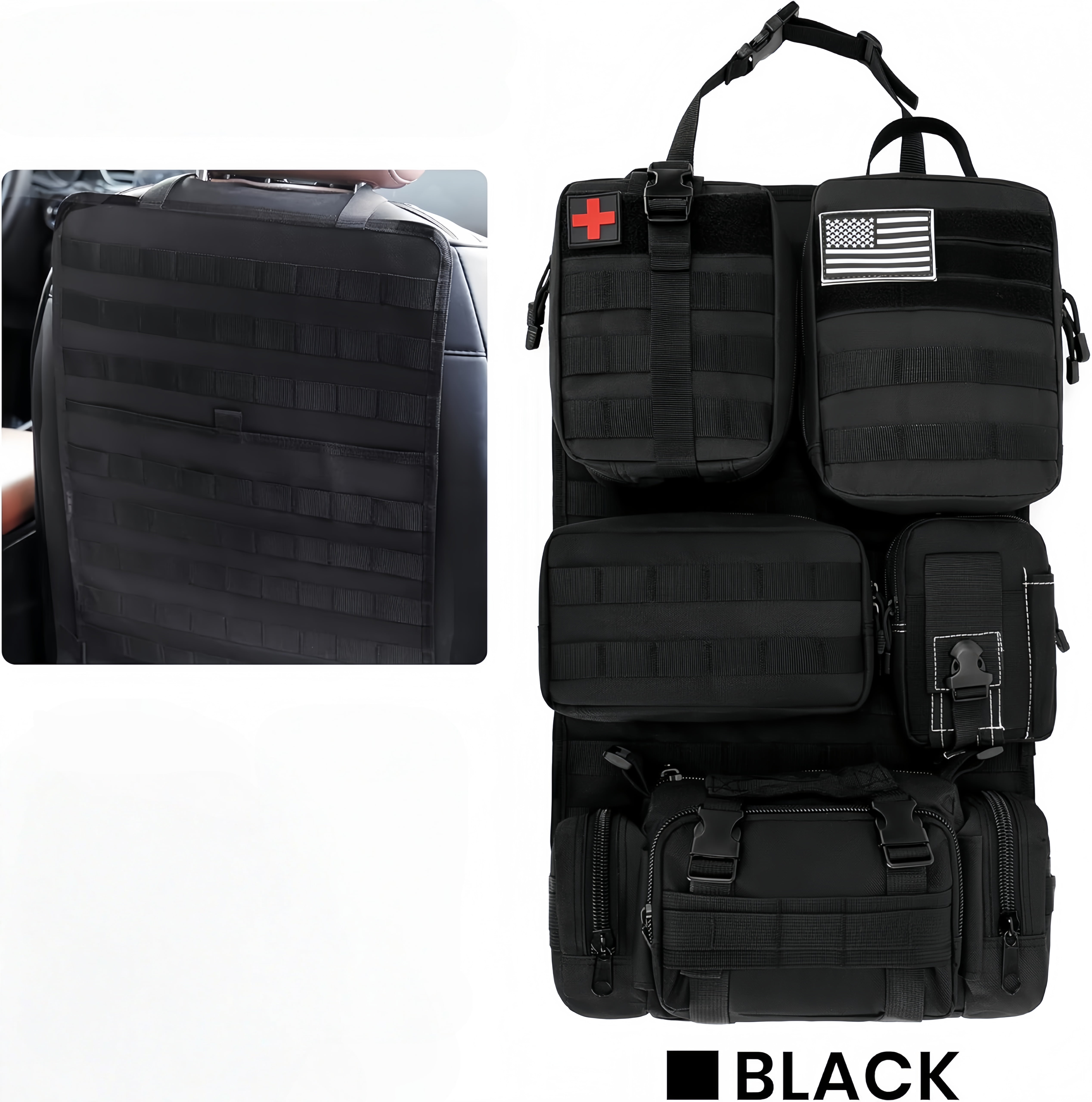 Tactical Car Seat Back Organizer, Upgrade Tactical Vehicle Panel Organizer with 5 Detachable Molle Pouch, Universal fits for Most of Vehicle Black