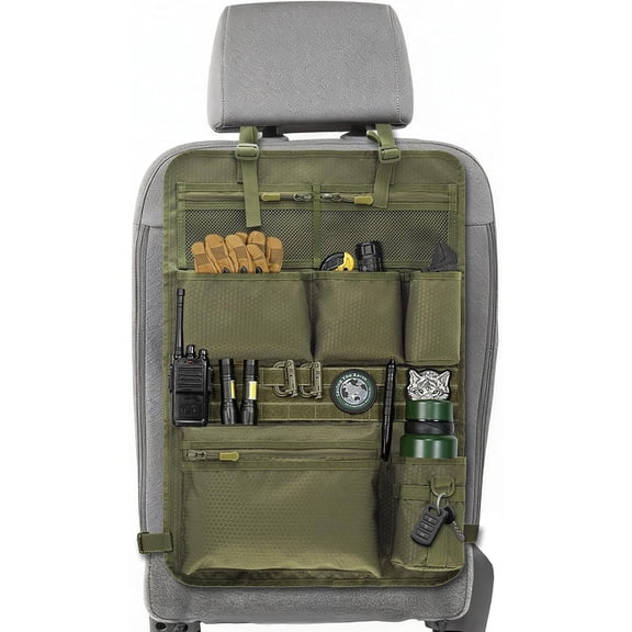 Tactical Car Seat Organizer with Multiple Pockets, MOLLE Panel System & Mesh Compartments, Durable Nylon Universal Vehicle Seat Back Storage with Cup Holder, Water-Resistant (Army Green)