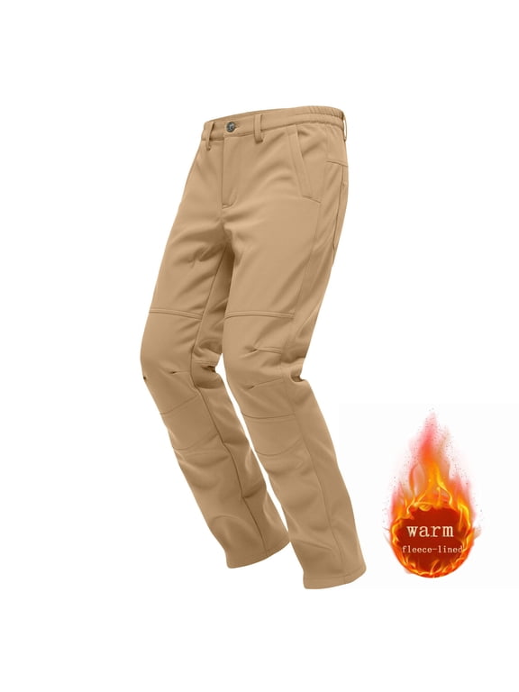 Tactical Cargo Pants For Men Fleece Lined Windproof Hiking Outdoors Winter Pants Khaki L