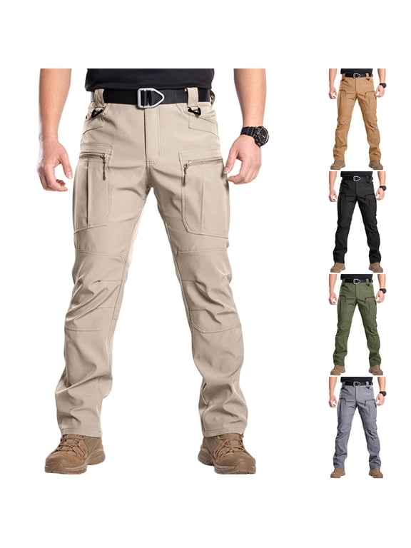 Tactical Cargo Pants for Men Stretch Water Resistant Ripstop Pants Outdoor Lightweight Work Hiking Pant with Pockets(No Belt) Khaki L