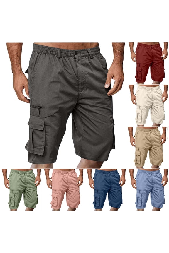 Tactical Cargo Shorts for Men Multi-Pockets Button Elastic Waist Hiking Fishing Short Pants Fathers Gift